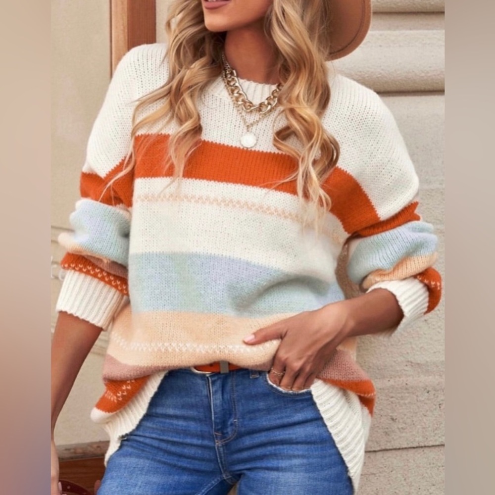 Shewin Fall Striped Knit Sweater White, Orange, Tan, Brown, & Blue Mediu…